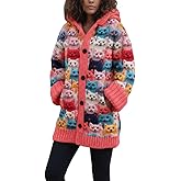 Women's Ethnic Floral Hooded Cardigan Long Sleeve Button Cardigans Midi Knit Jacket Fall Winter Warm Cat Print Sweater