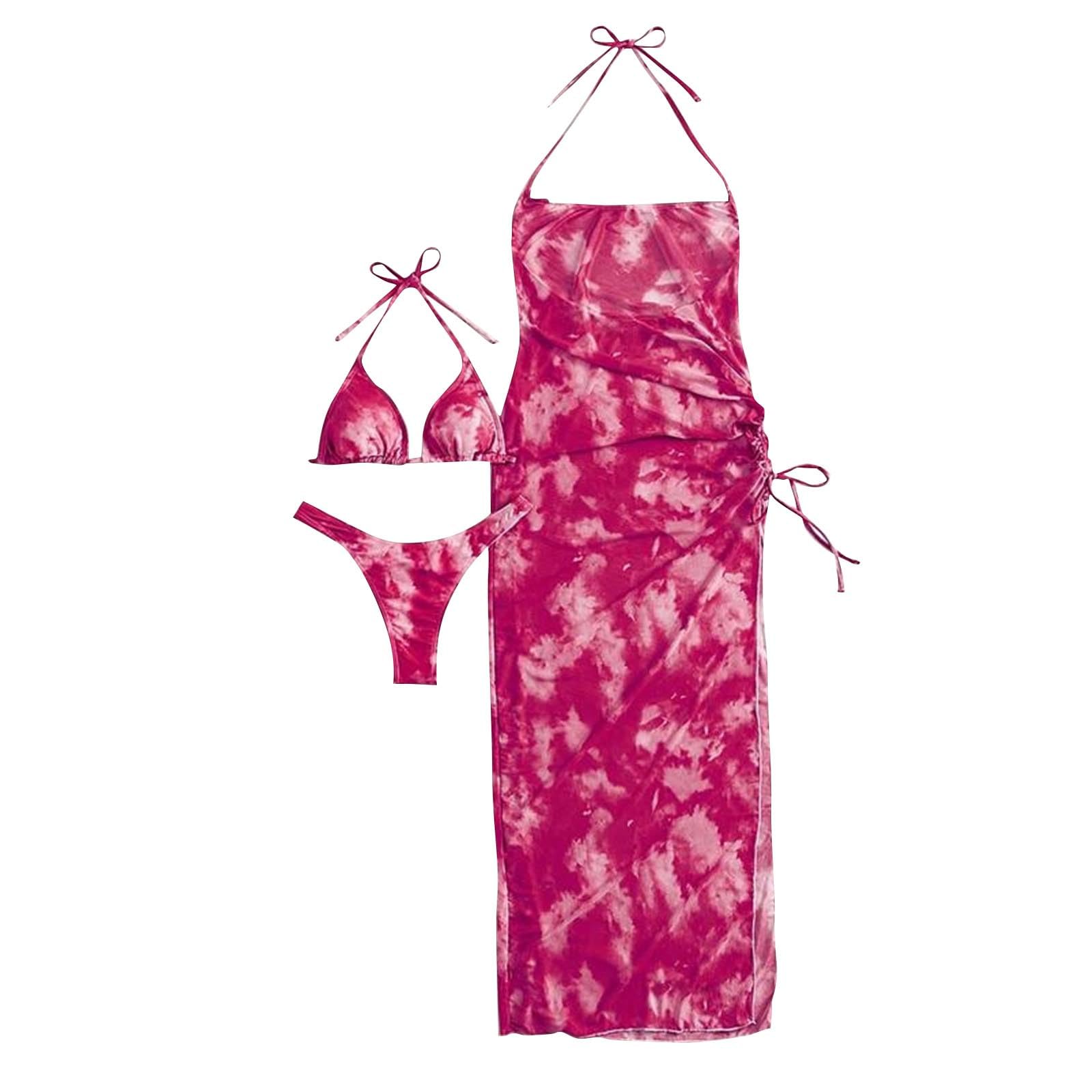 Photo 1 of ***ONLY THE DRESS*** Womens  Triangle Halter Swimsuits Briefs with Swim Cover Up Dress Tie Dye Bathing Suits Swimwear Hot Pink