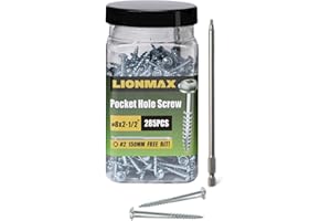 LIONMAX Pocket Wood Screws #8 x 2-1/2", Interior Wood Screws 285PCS, Zinc Plated Screws with Coarse Thread, Washer Head Square Drive, for Pocket Hole Jig, 150MM Drive Bit Included
