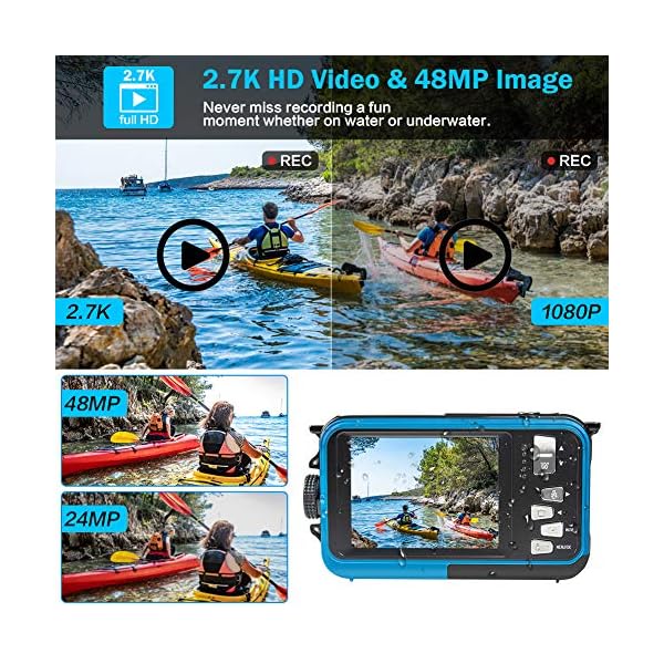 Unterwasserkamera Full HD 2.7K 48MP Unterwasser Kamera zum Schnorcheln wasserdichte Digitalkamera mit Zwei Bildschirmen… – Bild 3