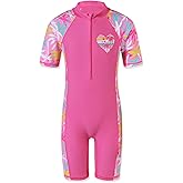 TFJH E 1PCS Girls Short Sleeve Swimsuits UV 50+ Bathing Suits Sunsuits Zipper 2-14Y