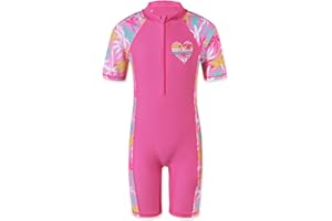 TFJH E 1PCS Girls Short Sleeve Swimsuits UV 50+ Bathing Suits Sunsuits Zipper 2-14Y