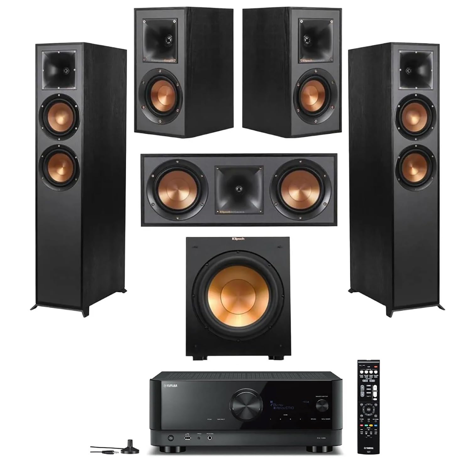 Sistema de cine en casa Klipsch Reference 5.2 con receptor 7.2, con 2 altavoces de pie R-26FA, altavoz central R-25C, altavoz R-41M, 2 subwoofers R-12SW y receptor AV Yamaha RX-A2AB de 7.2 canales