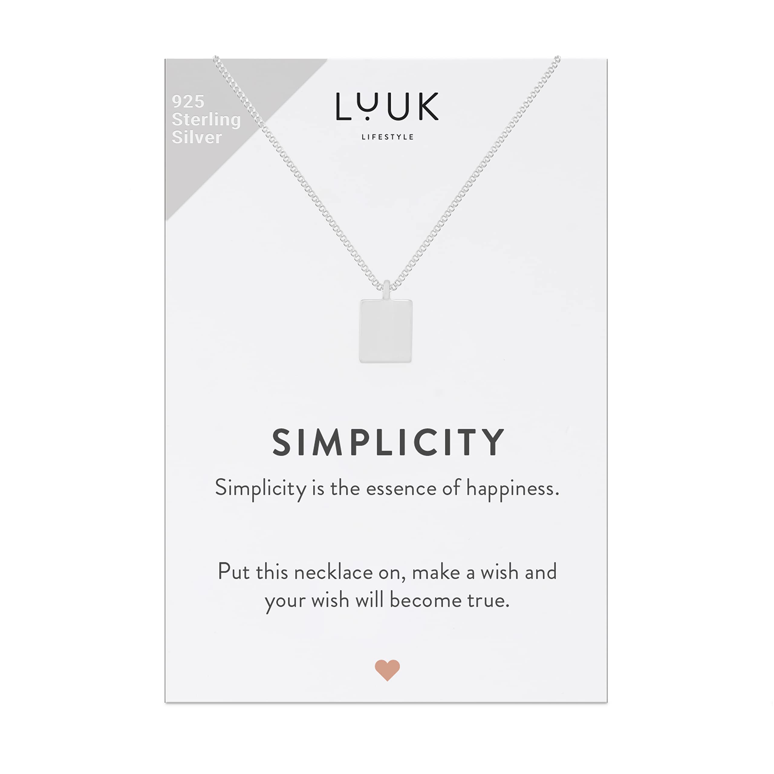 LUUK LIFESTYLE 925 sterling silver necklaces with lucky charm, pendant, SIMPLICITY gift card, daily wear, durable, hypoallergenic metal, summer trend, silver, gold, rosé (Square, Silver)