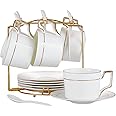 CHILDIKE Porcelain Cappuccino Cups with Saucers and Metal Stand, Coffee Cups Set of 6, Espresso Cups Gold Trim, Spoon, for Latte, Americano, Tea, 7 Ounce, Demitasse Cups White