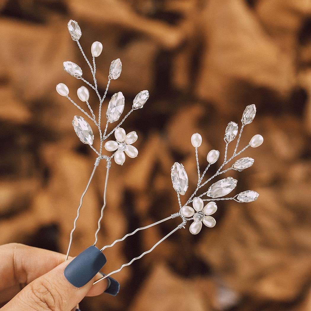 IYOU Bridal Wedding Hair Pins Silver Flower Hairpin Crystal hair Clip Rhinestone Bride Hair Accessories for Women and Girls (Pack of 2) (silver)