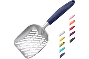 WePet Cat Litter Scoop, Aluminum Alloy Sifter, Kitty Metal Scooper, Deep Shovel with Diagonal Sifting Hole, Long Handle, Kitten Poop Lifter for Litter Box, Medium Size, Blue Handle