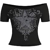 RoseSeek Women's Plus Size Goth Y2K Off The Shoulder Tops Star Graphic Tees Short Sleeve Vintage T Shirts