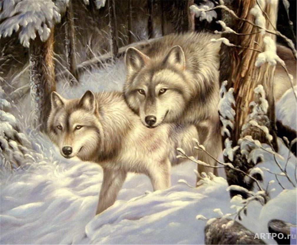 YEESAM ART Paint by Numbers for Adults Beginners Snow Wolves Forest Animal 16x20 inch Linen Canvas Acrylic DIY Number Painting Kits Wall Art Decor Gifts