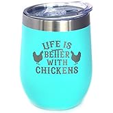 Life is Better with Chickens - Chicken Wine Tumbler with Sliding Lid - Stemless Stainless Steel Insulated Cup - Funny Outdoor Camping Mug - Teal