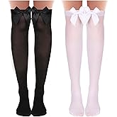 Hariendny 2 Pairs Knee Highs Socks with Bows White Black Over the Knee Stocking With Bows Satin Bow Stockings for Women Girls