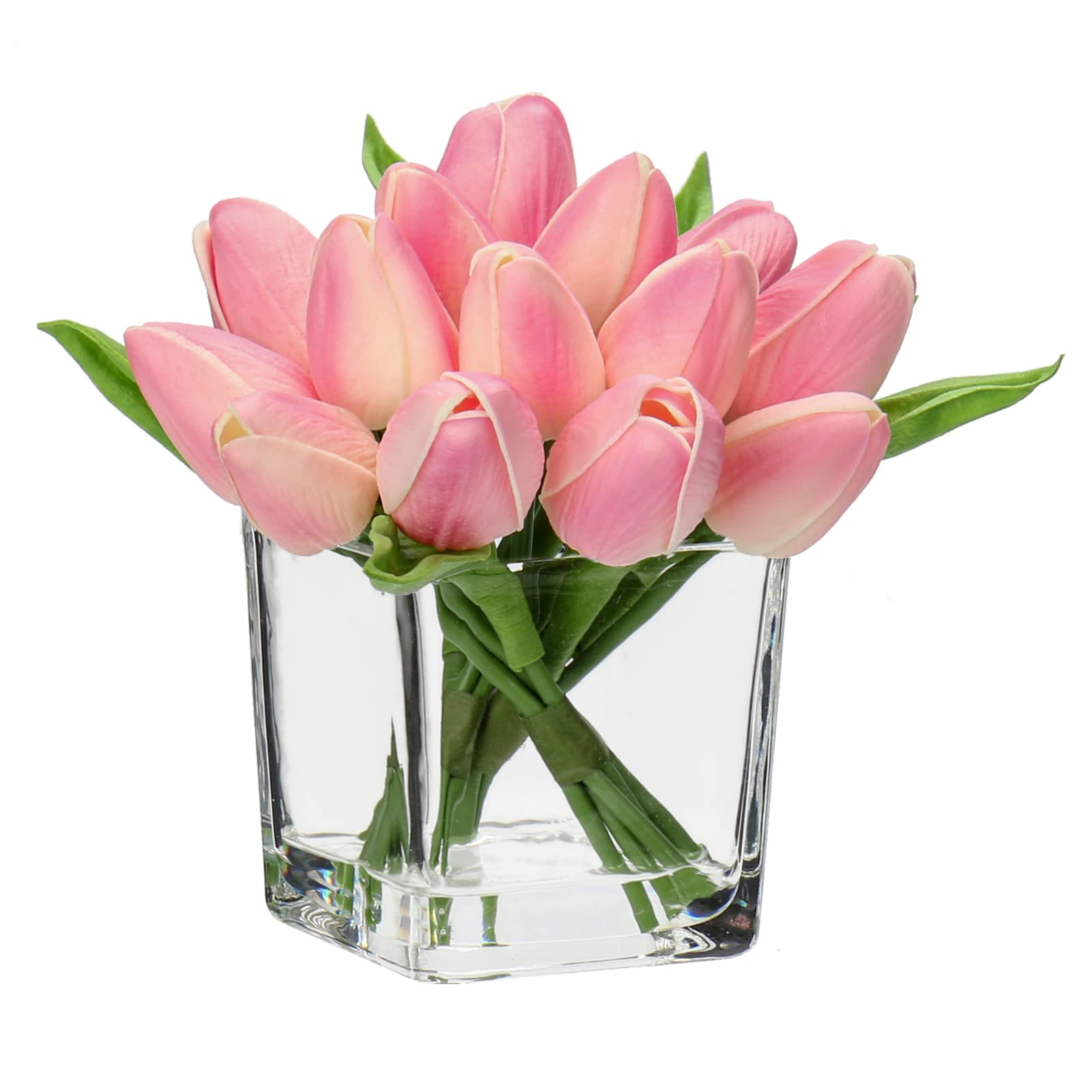 Oairse 14pcs Small Artificial Flower in Vase Real Touch Faux Tulips Flower in Cube Glass Vase with Faux Water Mini Pink Tulip Bouquet Arrangement for Home Wedding Table Centerpiece Decor