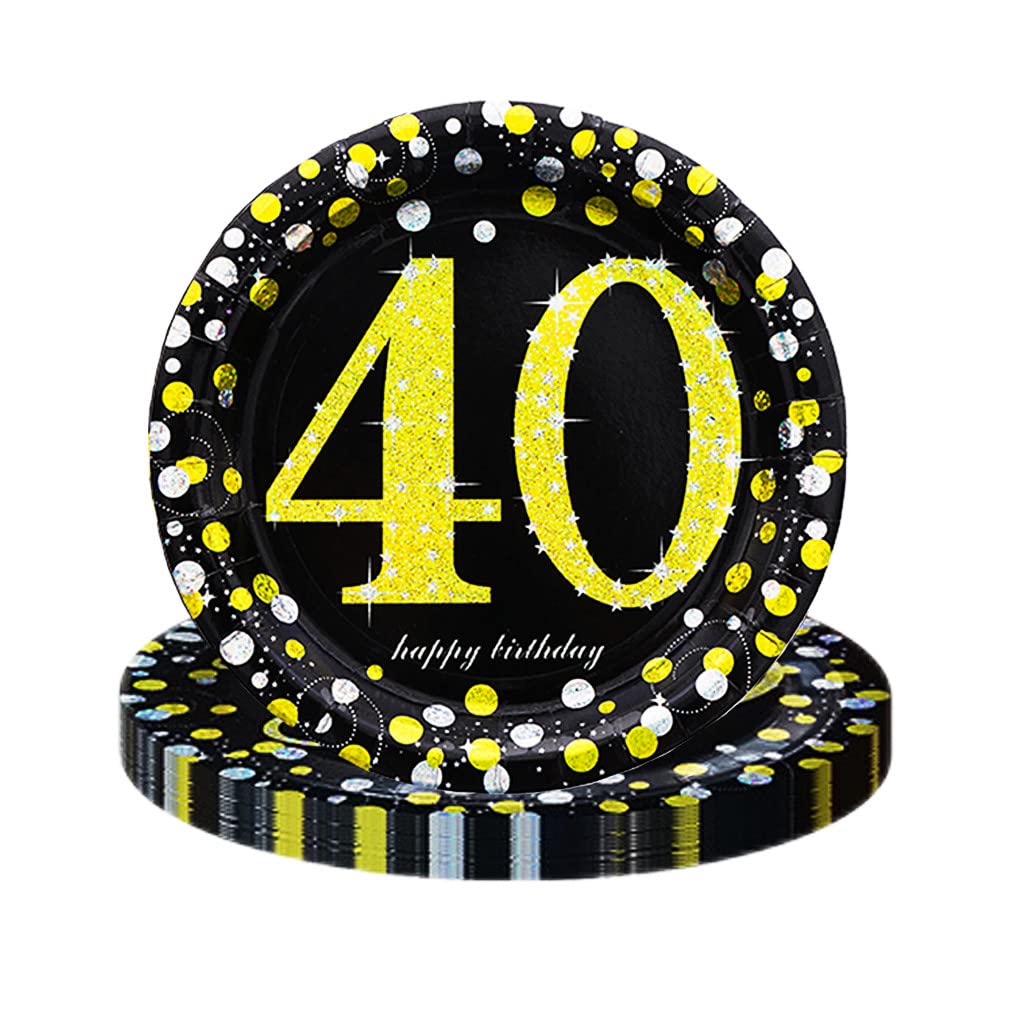 HONGCI Black and Gold Happy 40th Birthday Paper Plates 7 Inch,16pcs Disposable Tableware Plates,Happy 40th Birthday Decorations Plates for Men,Women,Him,Her 40th Birthday Gifts Party Supplies