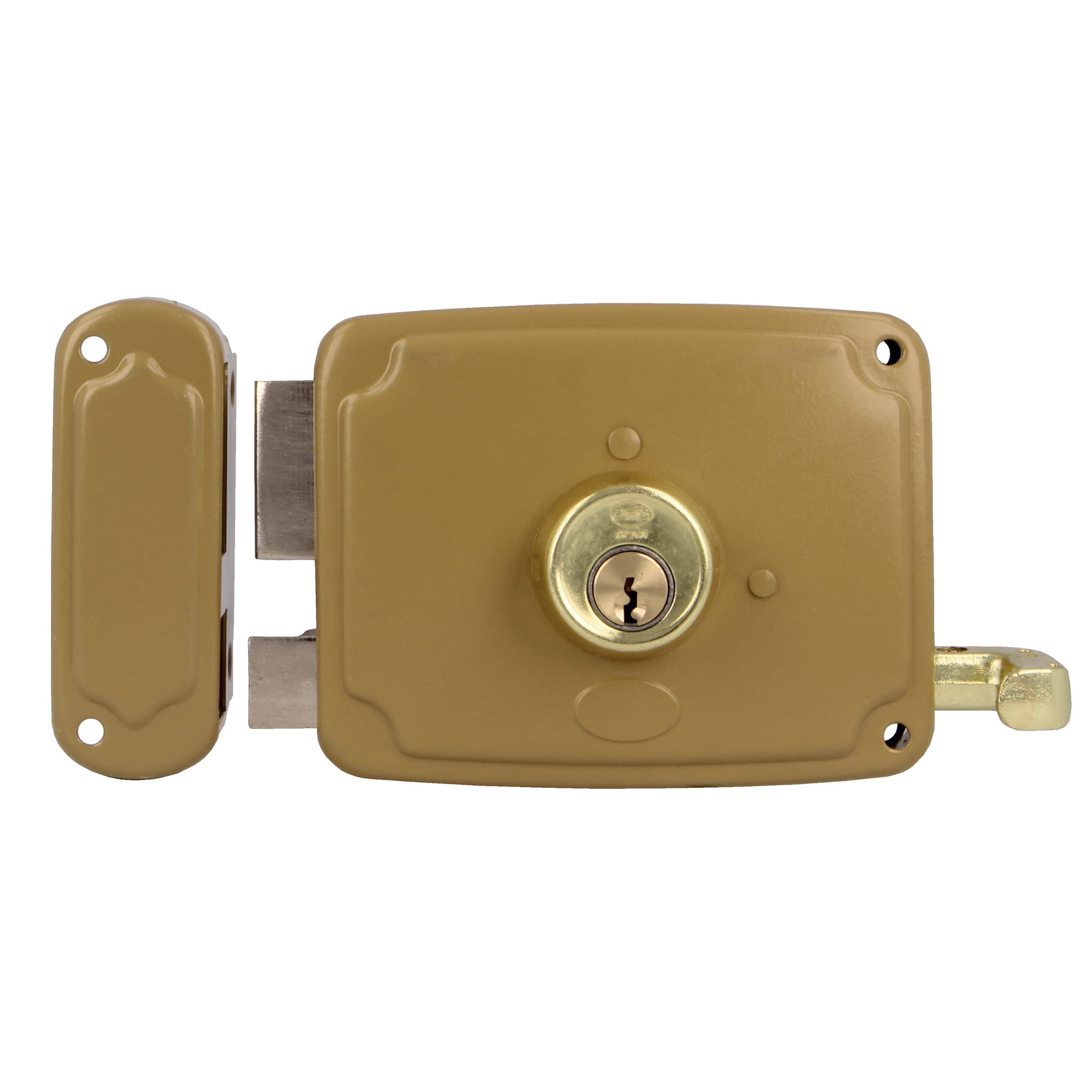 Amig - Surface-Mounted Left Lock with Closing Lever, Latch, and Handle | Made of Gold-Plated Steel | Dimensions: 120 x 95 mm | Ideal for Entry or Interior Wooden Doors.