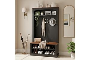 holzart 40.2" Wide Farmhouse Hall Tree with Bench, Entryway Coat Rack & Shoe Storage Cabinet with 5 Hooks, 71" Tall Mudroom Furniture with Adjustable Shelves for Hallway, Foyer, Black