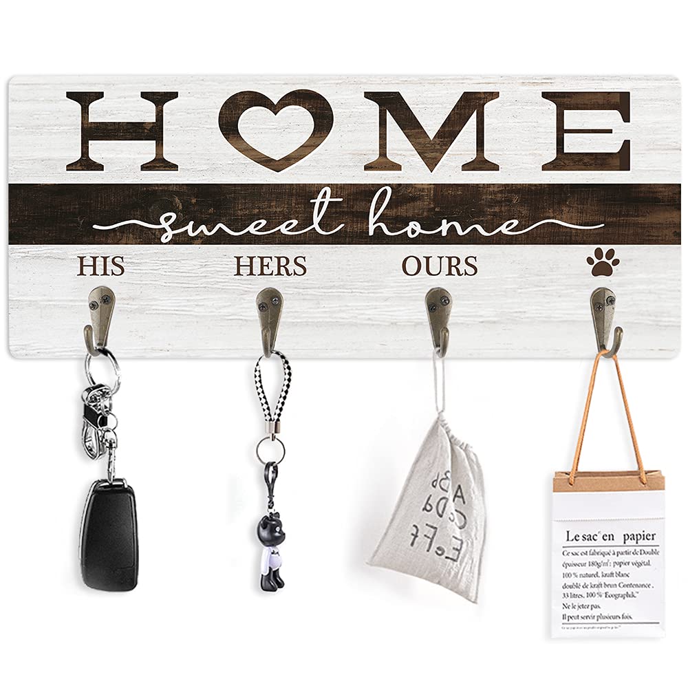CHDITB Rustic Home Sweet Home Wooden Key Holder(13.4”x5.5”), His Hers Ours Wall-Mounted Rack with 4 Hooks, Decorative Wood Sign Key Hanger Gifts Decor for Wall Entryway Hallway Housewarming Gifts