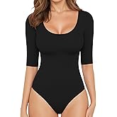 MANGOPOP Women's Scoop Neck Half Sleeve Bodysuit 3/4 Sleeve Sexy Body Suit Slim Fitted Going Out Shirts Tops