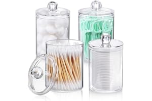 4 Pack Acrylic Qtip Holder Dispenser for Cotton Swabs, Balls, Pads, Floss Picks- Small Clear Plastic Canister Apothecary Jar 