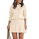Tankaneo Womens Skirt 2 Piece Sweater Set Long Sleeve Crewneck Sweaters Pleated Mini Skirt Knit Lounge Sets