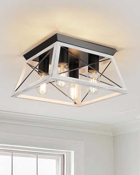 FARMHOUSE OAK WHITE FLUSH MOUNT 4-LIGHT INDUSTRIAL KITCHEN...