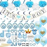 Baby Shower Decorations for Boy - Includes matching 'Its A Boy' Banner & Balloons, Cute Photo Booth Props, Blue & White Flower Decor, AND MORE! Perfect All In One Decoration Bundle