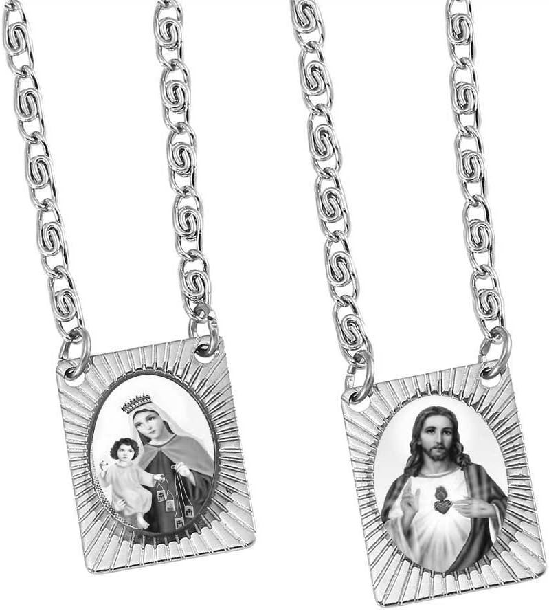 Scapulars Catholic I Sacred Heart of Jesus & Our Lady of Mount Carmel Medals I Stainless Steel Scapular Necklace for Women & Men - 14 Inch I escapularios catolicos I Catholic Religious Necklace