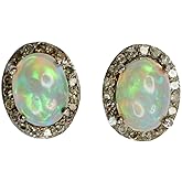 Genuine Opal Gemstone Diamond Halo Oval Stud Earrings- Sterling Silver- October Birthstone-Women's Jewelry Idea-Christmas-Handmade by Nadean Designs
