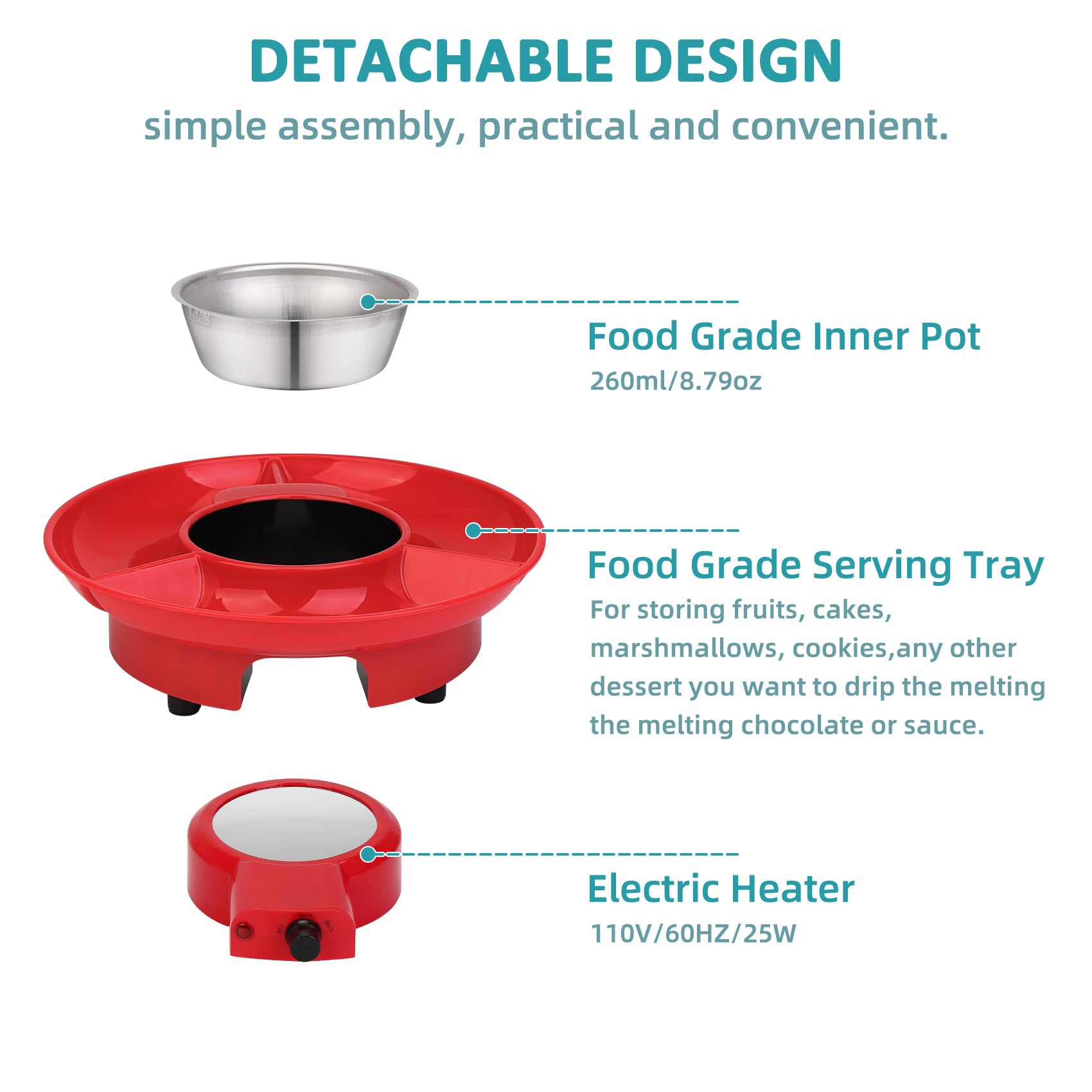 8.79oz MINI Electric Chocolate Melting Pot,Melting Fondue Set with 4PCS Forks,Cute Chocolate Fondue Fountain,Warmer Machine for Milk Chocolate,Cheese,Butter,Candy (Red)