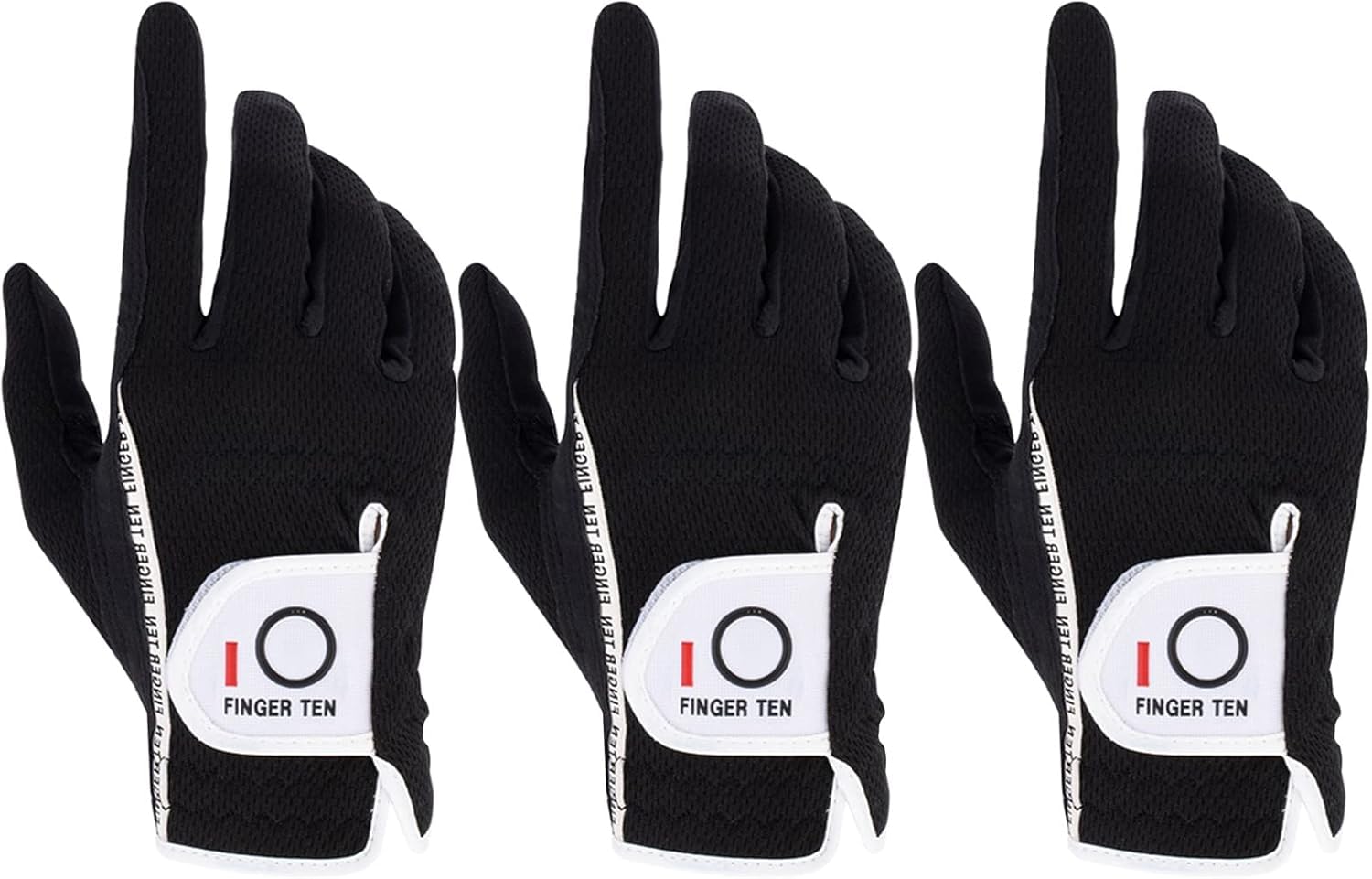 FINGER TEN Golf Glove Men Left Hand Right Rain Grip Value 3 Pack, Mens Golf Gloves Weathersof All Weather Hot Wet Fit Size Small Medium ML Large XL White (Black, M, Worn on Right Hand)…