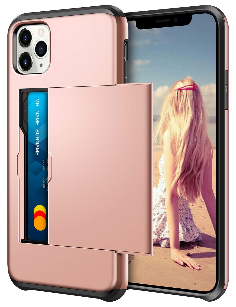 Coolden for iPhone 11 Pro Max Case Wallet Case Cover Shockproof Protective Case Soft Bumper Phone Case Card Holder Slot Wallet Case Cover for iPhone 11 Pro Max (Rose Gold)