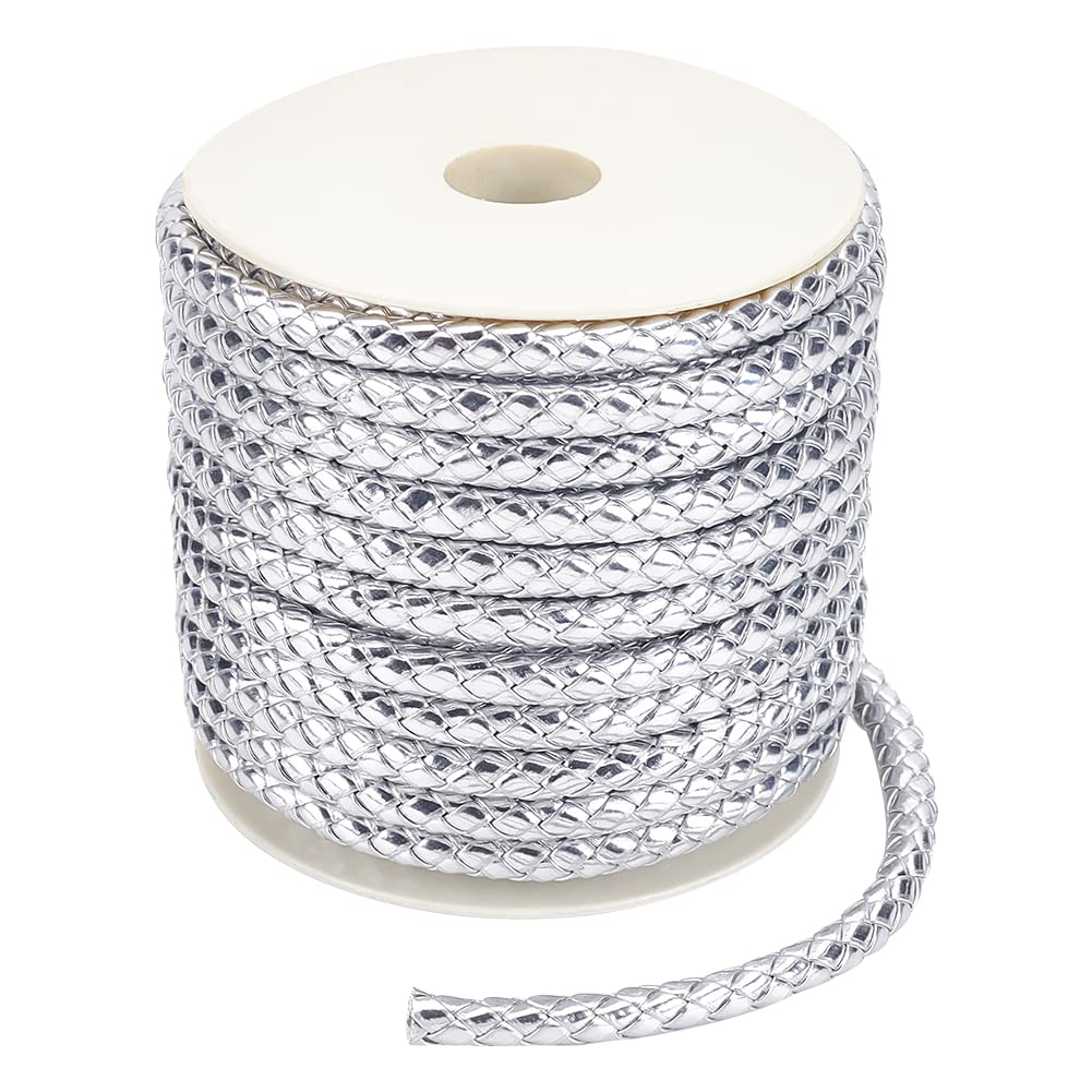 BENECREAT 15m/16.4 Yards Round Braided Leather String, Silver Bolo Cord PU Leather Braided Cord for Jewelry Making, Wraps, Keychain Crafts, 7mmx6mm