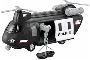 Vokodo Police Helicopter 11" With Lights & Sounds Push And Go Tandem Rotor Aircraft Carrier With Rescue Basket Toy Friction Powered Kids SWAT Transport Copter Truck Pretend Play Toys Ages 3 4 5 6 Boys