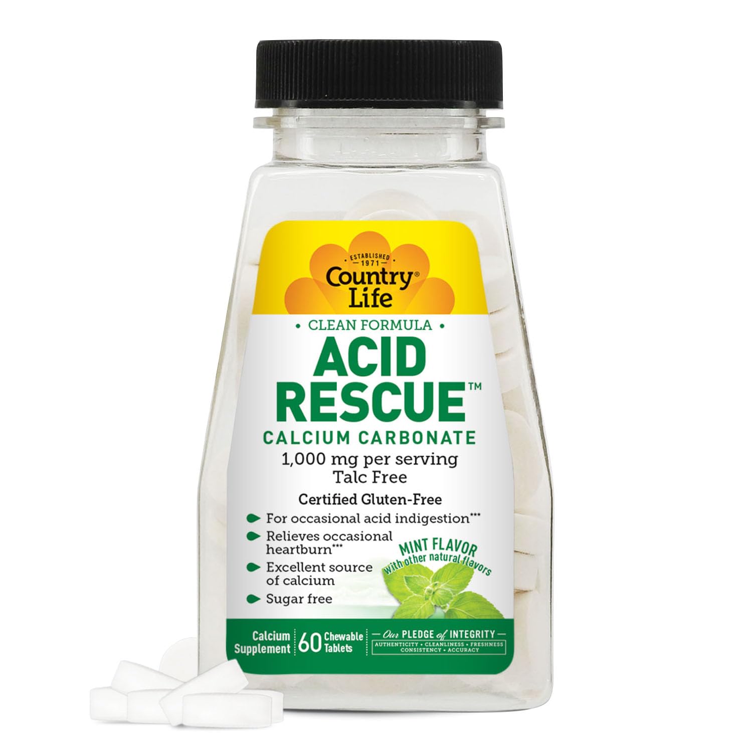 Country Life Acid Rescue Chewable Tablets - Certified Vegan & Gluten-Free Heartburn Relief, 400mg Calcium & Magnesium, Non-GMO, Sugar-Free Mint Flavor, Supports Bone Health, 60 Count