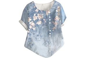 HINVHAI Womens Cotton Linen Tops Crew Neck Printed Short Sleeve Tops Summer Dressy Casual Tunic Tops Trendy Comfy Shirts