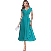 Chiffon Tea Length Mother of The Bride Dresses for Wedding Cap Sleeve Lace Applique Short Formal Evening Gown for Women