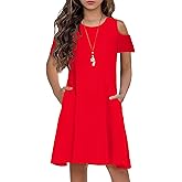 Arshiner Girls Summer Dress Short Sleeve Cold Shoulder Solid Color Swing Casual Dresses with Pockets