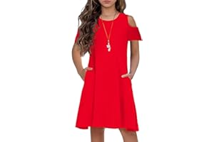 Arshiner Girls Summer Dress Short Sleeve Cold Shoulder Solid Color Swing Casual Dresses with Pockets