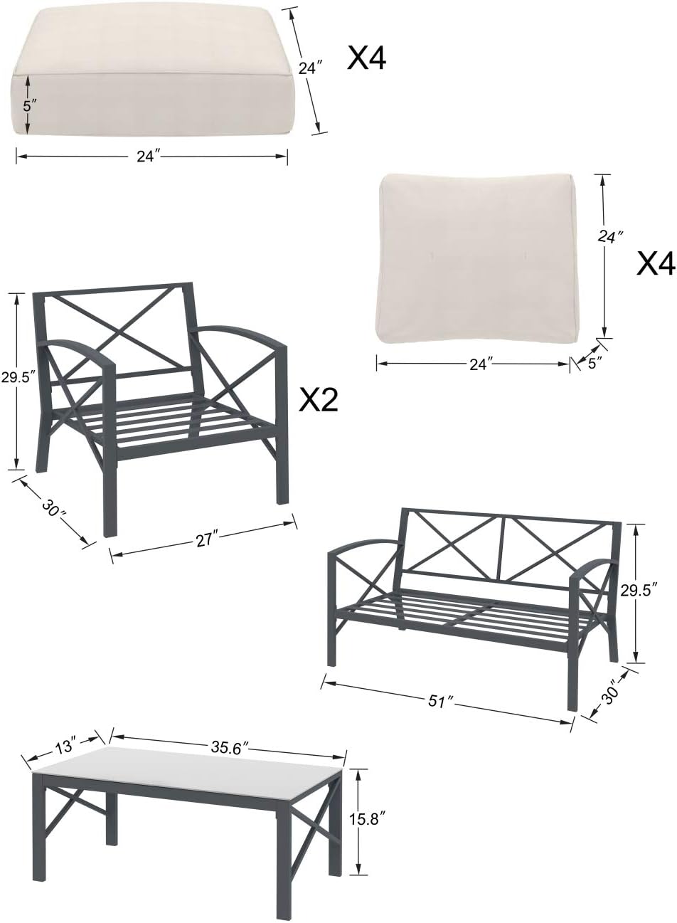 Creative Living 4 Piece Patio Furniture Conversation Set Northwind All Weather Outdoor Loveseat Sofa 2 Chairs Table w/Cushions, Beige, Begie : Garden & Outdoor