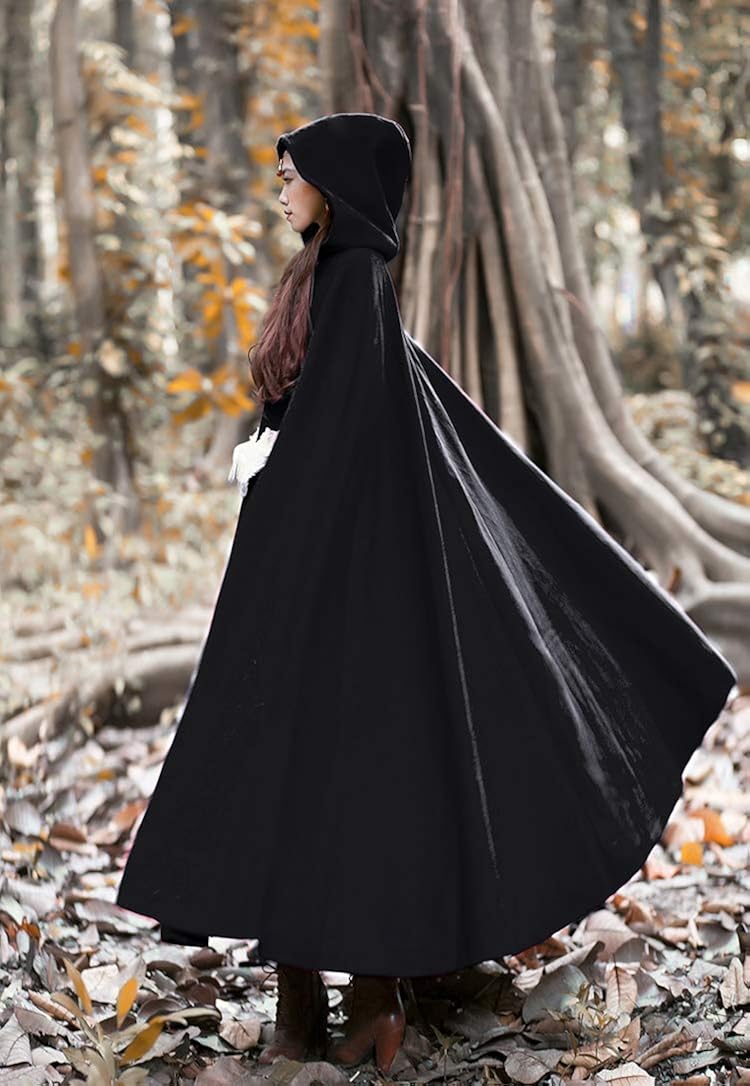 Gihuo Women's Wool Hooded Cape Solid Color Maxi Cloak Trench Coat (Black, One Size): Clothing