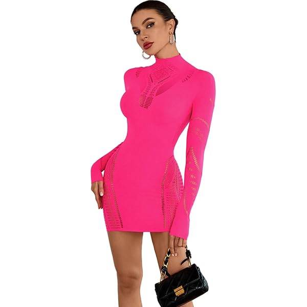 Amazon.com: EHSUYAB Sexy Dresses for Women Clubwear, Fishnet Mesh Hollow  Out Floral Poster Girl Bodycon Dress, Glove Long Sleeve Mock Neck One Piece  Club Outfits Going Out Boudoir Party One Size Fits