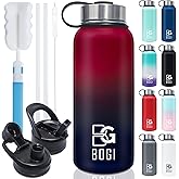 BOGI 40oz Insulated Water Bottle, Double Wall Vacuum Stainless Steel Water Bottle with Straw and 3 Lids, Sweat-Proof Wide Mouth Steel Water Bottle Keeps Hot or Cold for Sports Gym Office (Dblue Red)