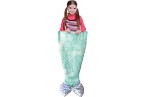 Stoinsto Thick Mermaid Tail Blanket Quilt for Cold Days, Soft Warm Winter Sleeping Bag with Plush Filling & Iridescent Shimmer Fish Tail, Wearable Cozy Flannel Snuggle Blanket, Green Fish Scale