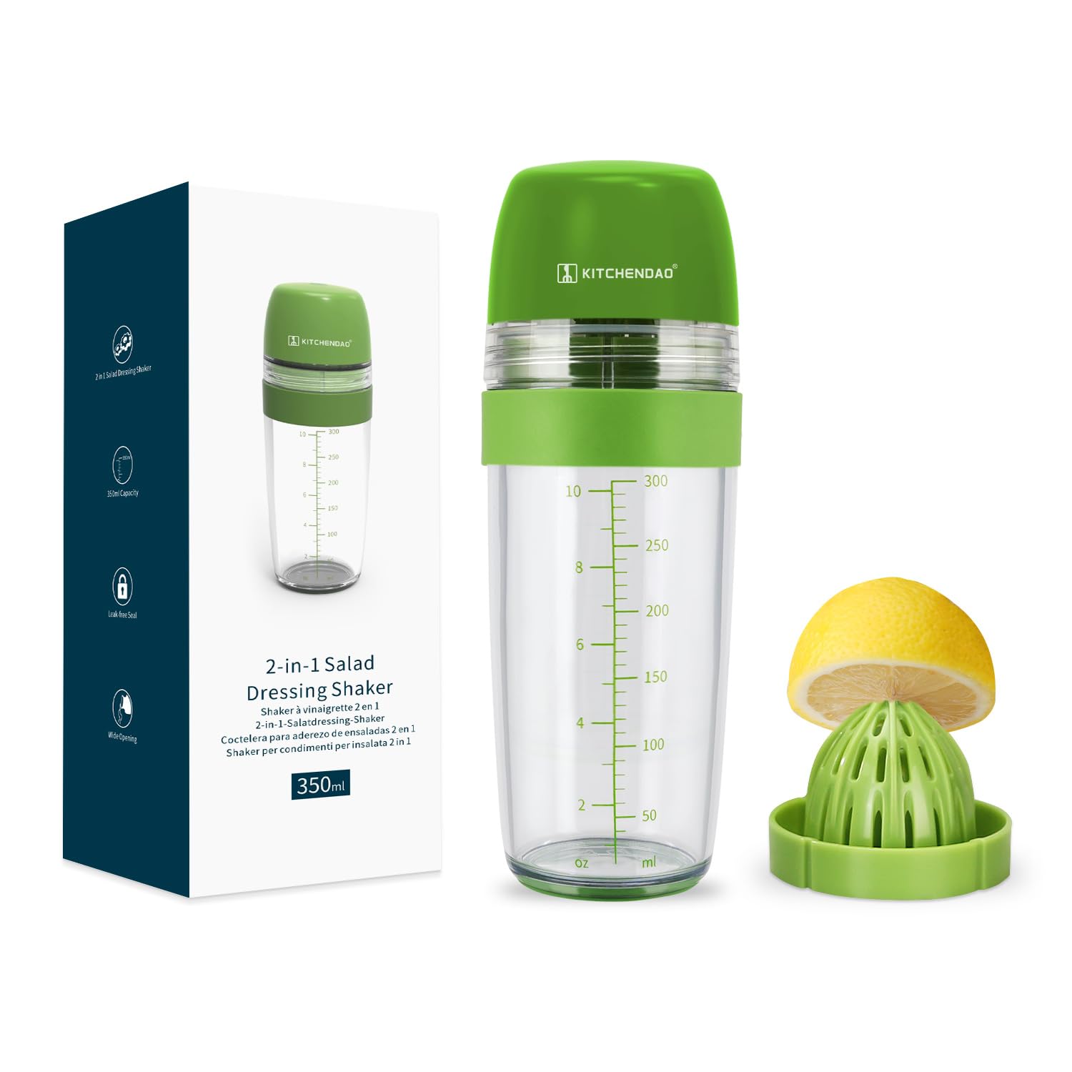 KITCHENDAO 2 in 1 Salad Dressing Shaker Container with Citrus Juicer, Dripless Pour, Leak-free, Soft Grip, Dishwasher Safe, BPA Free, Homemade Salad Dressing Bottle Mixer Measure, 350ml (1-1/2 Cups)