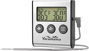 Yacumama Digital Oven Thermometer for Oven, Electric Oven, Instant Read, Safe Leave In for Meat cooking, BBQ, Candy, Smoker, Washable Probe, Long Cord, Dual Magnets with Timer, 2021 New