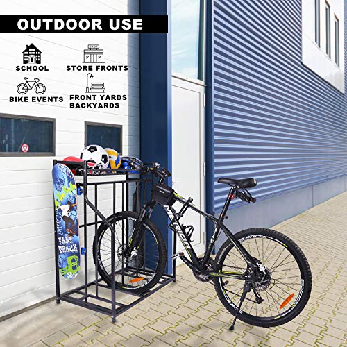 Mythinglogic Bike Rack, Bicycle Holder with Baskets Collection Organizer and 4 Hooks, 3 Bicycle Floor Parking Stands, Bike Storage Stand, Bike Rack Garage, Free Standing Bike Rack, Indoor Bike Rack
