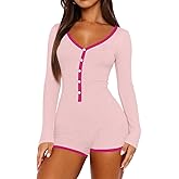INFITTY Women's Sexy Rompers V Neck Long Sleeve Knitted One Piece Sexy Pajama Onesie Bodycon Rompers