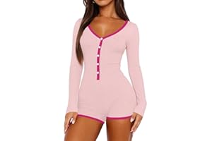 INFITTY Women's Sexy Rompers V Neck Long Sleeve Knitted One Piece Sexy Pajama Onesie Bodycon Rompers
