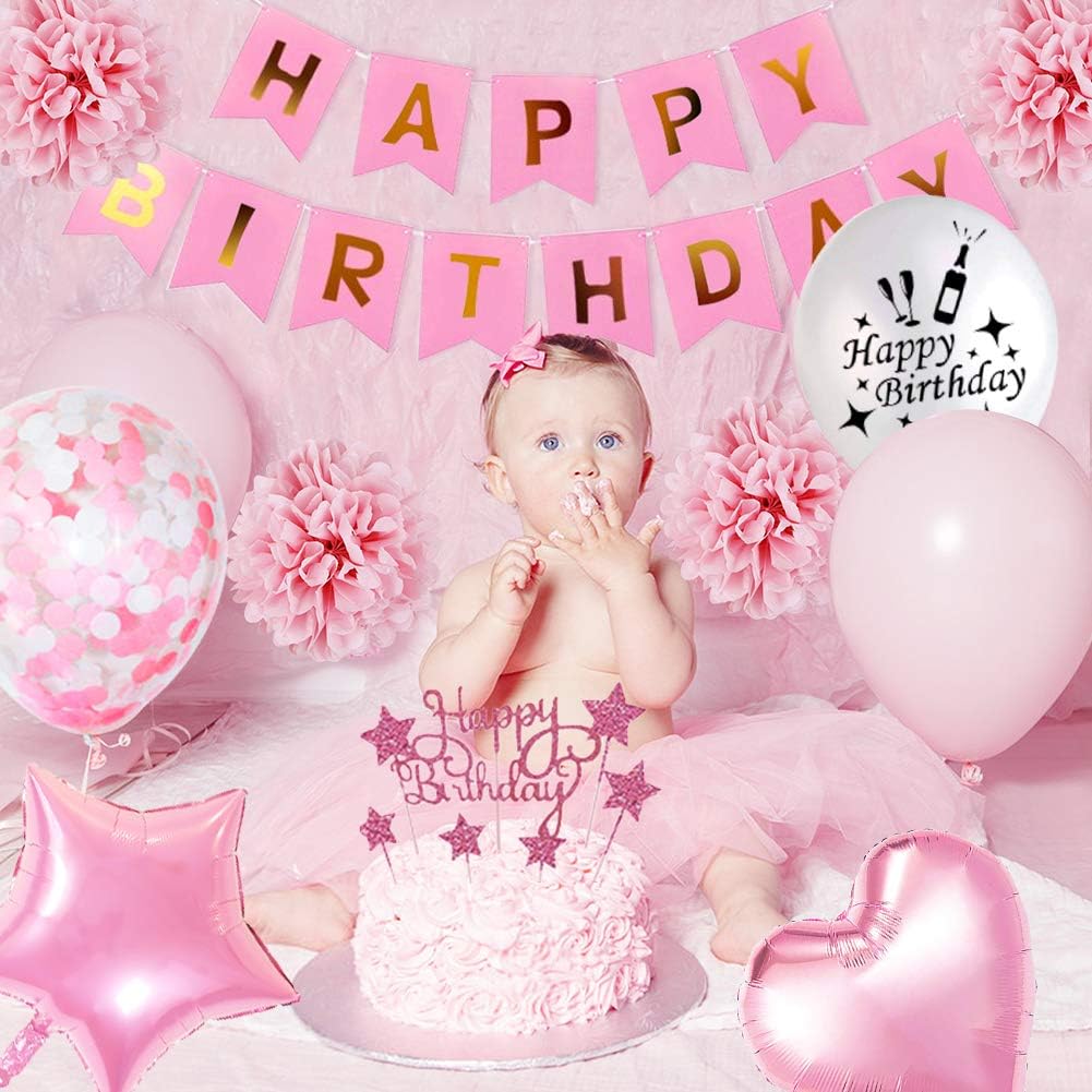 Voxloud Com Ayuqi Decoration Anniversaire Fille Deco Personnalise Unique Anniversaire Banniere Guirlande Ballons Avec Anniversaire Decoration Papier De Soie Pompons Rose Et Rose Ballons Pour Fille Petite Amie Decorations Et Accessoires De Fetes