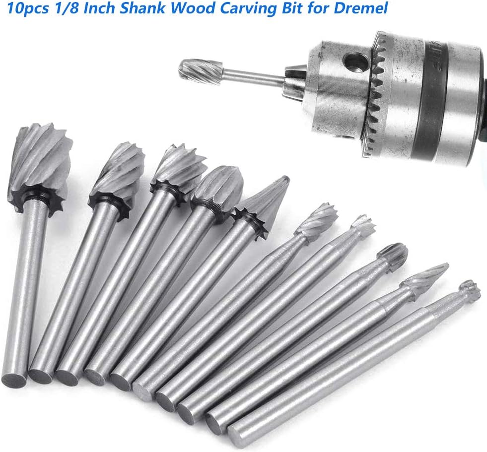 Saipor 5pcs 1/4" Shank Rotary Rasp File Burr Set Woodworking Chisel Shaped Rotating Embossed Grinding Head and 10pcs 1/8" Shank HSS Routing Router Bits Burr Wood Carving Drill Bits Set - Image 5