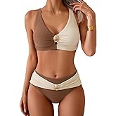 Eomenie Bikini Sets for Women Color Block Two Piece Bathing Suit V Neck Tie Back Swimsuit